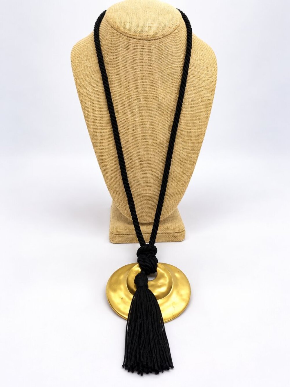 TASSEL PENDANT NECKLACE Gold Tone Modernist Black Rope Cord Statement Signed